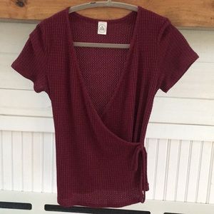 Paper Crane burgundy faux wrap waffle top